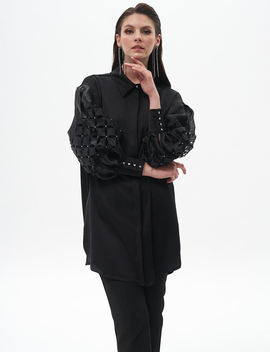 Satin Tunic with Sleeve Detail Black