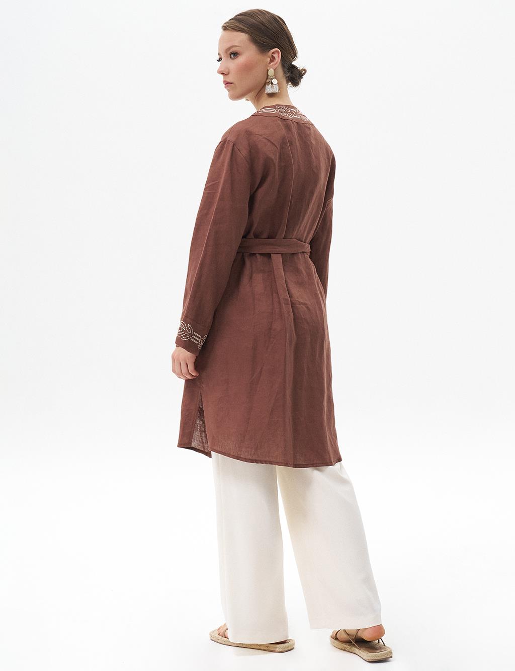 Embroidered Linen Jacket Brown