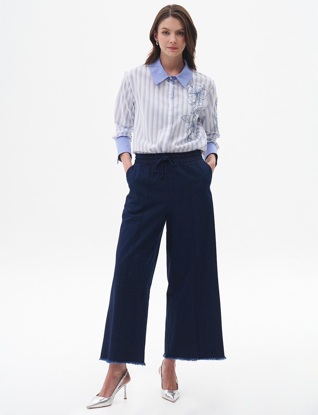 Tasseled Wide Leg Denim Trousers Navy Blue