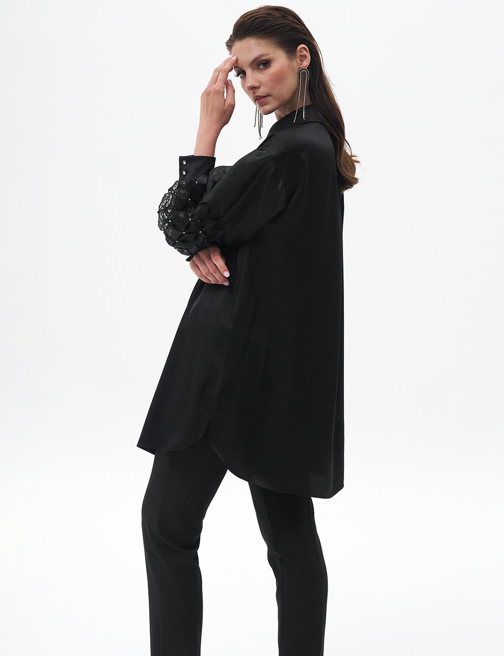 Satin Tunic with Sleeve Detail Black