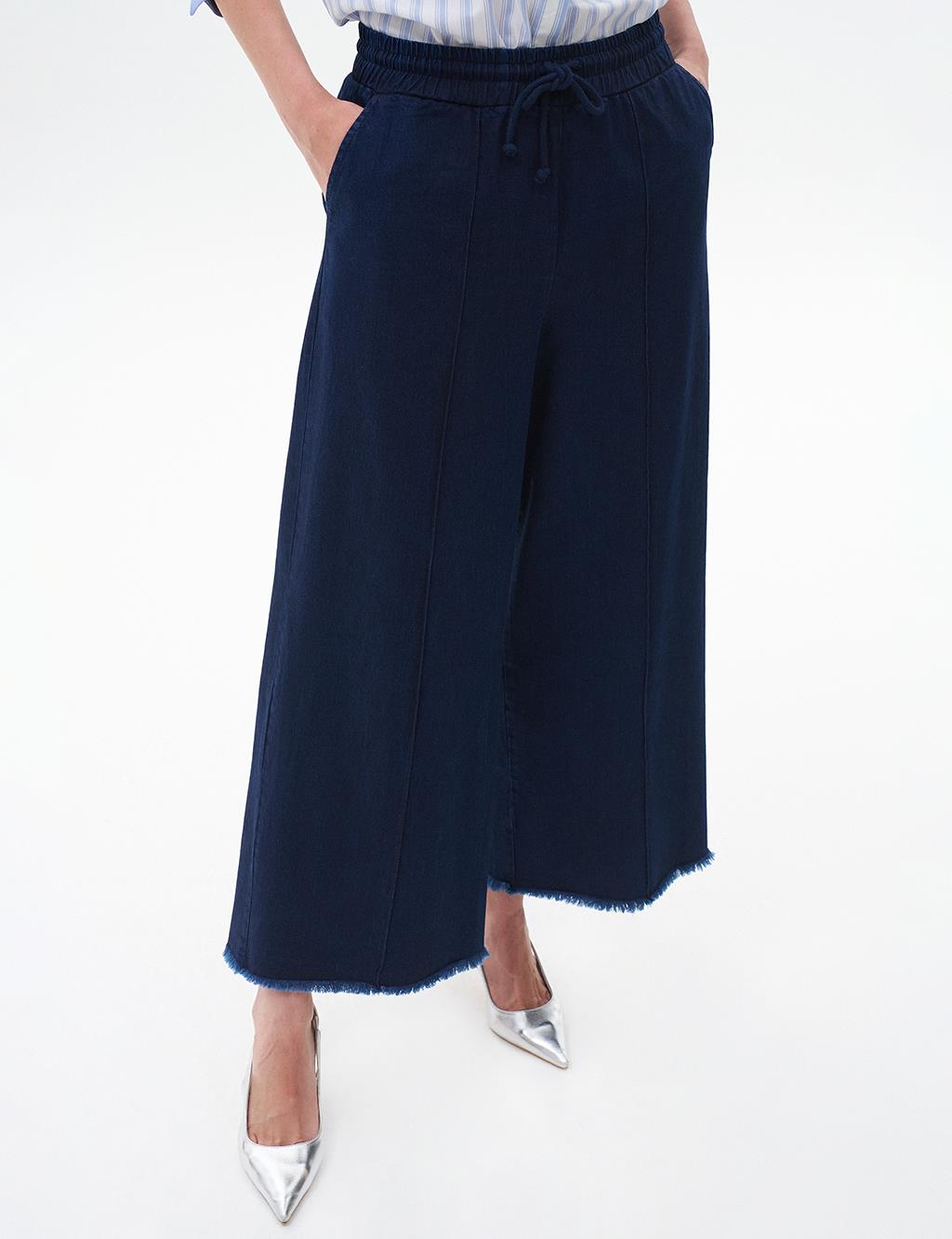 Tasseled Wide Leg Denim Trousers Navy Blue