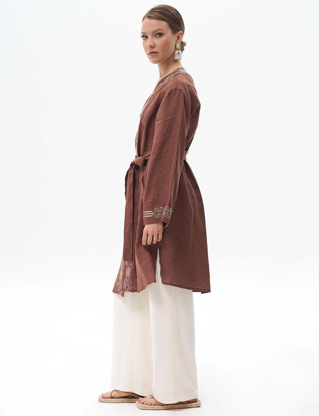 Embroidered Linen Jacket Brown