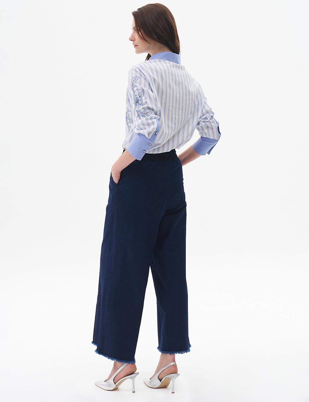 Tasseled Wide Leg Denim Trousers Navy Blue