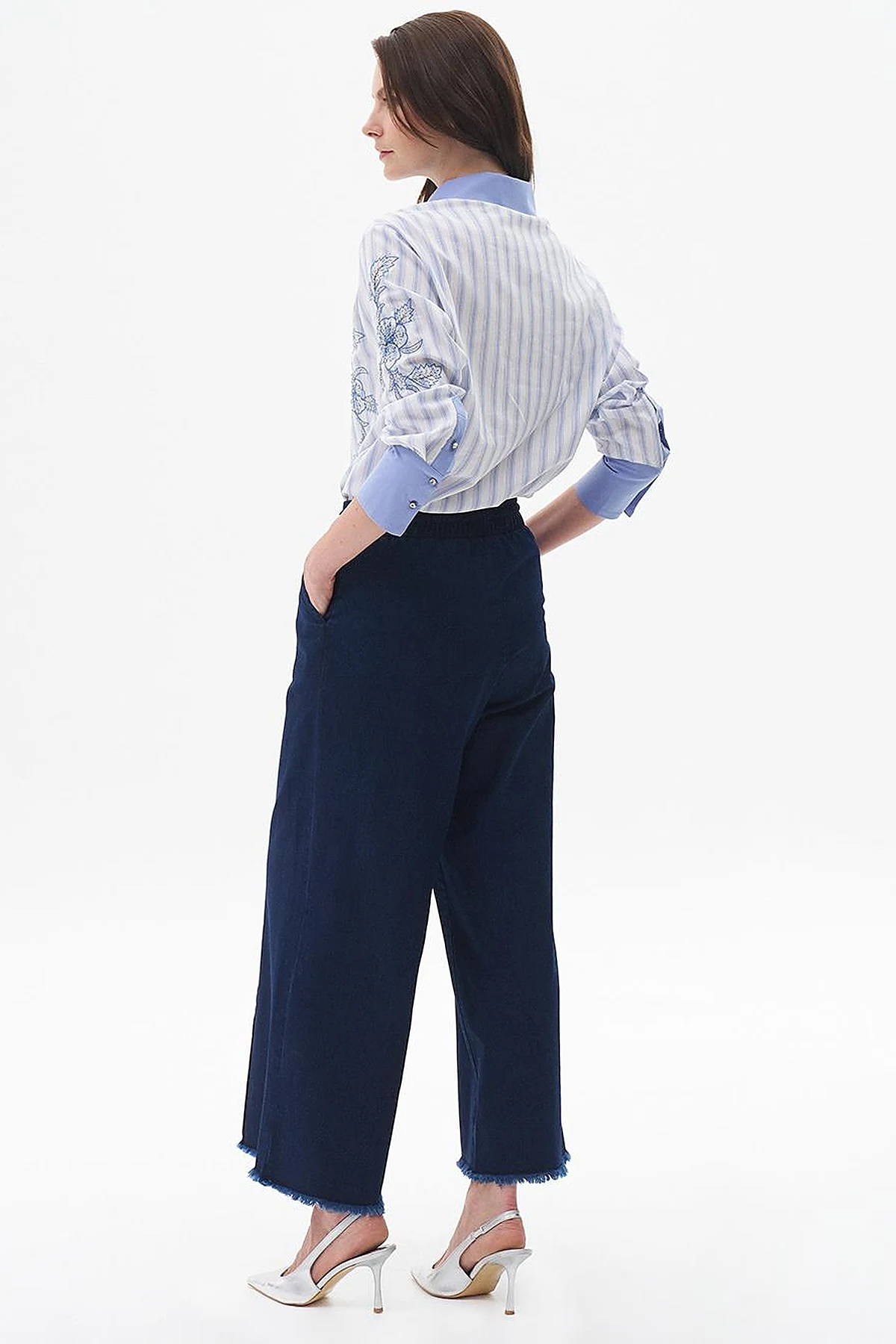 Püsküllü Geniş Paça Denim Pantolon Lacivert 