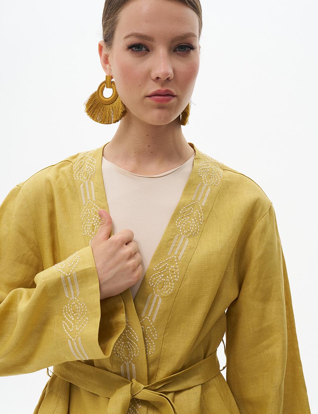 Embroidered Linen Jacket Oliv