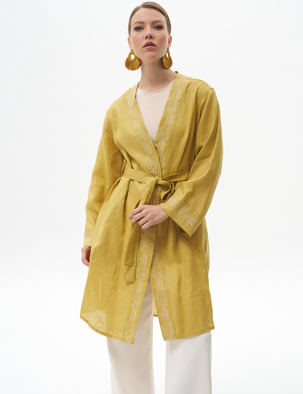 Embroidered Linen Jacket Oliv