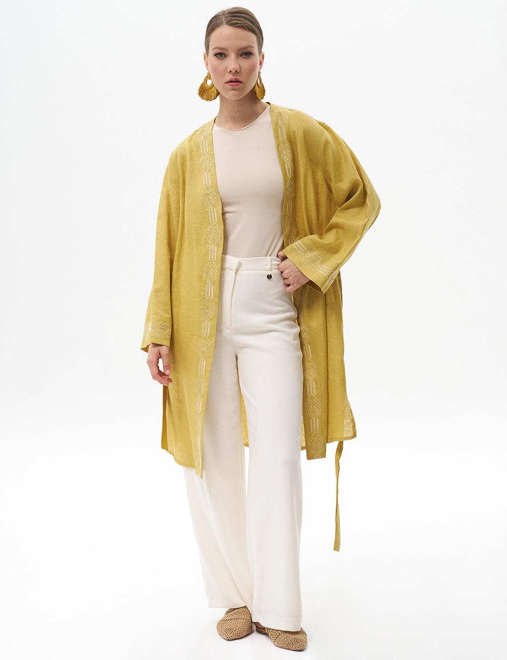 Embroidered Linen Jacket Oliv