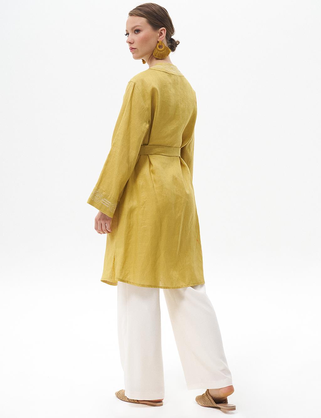 Embroidered Linen Jacket Oliv