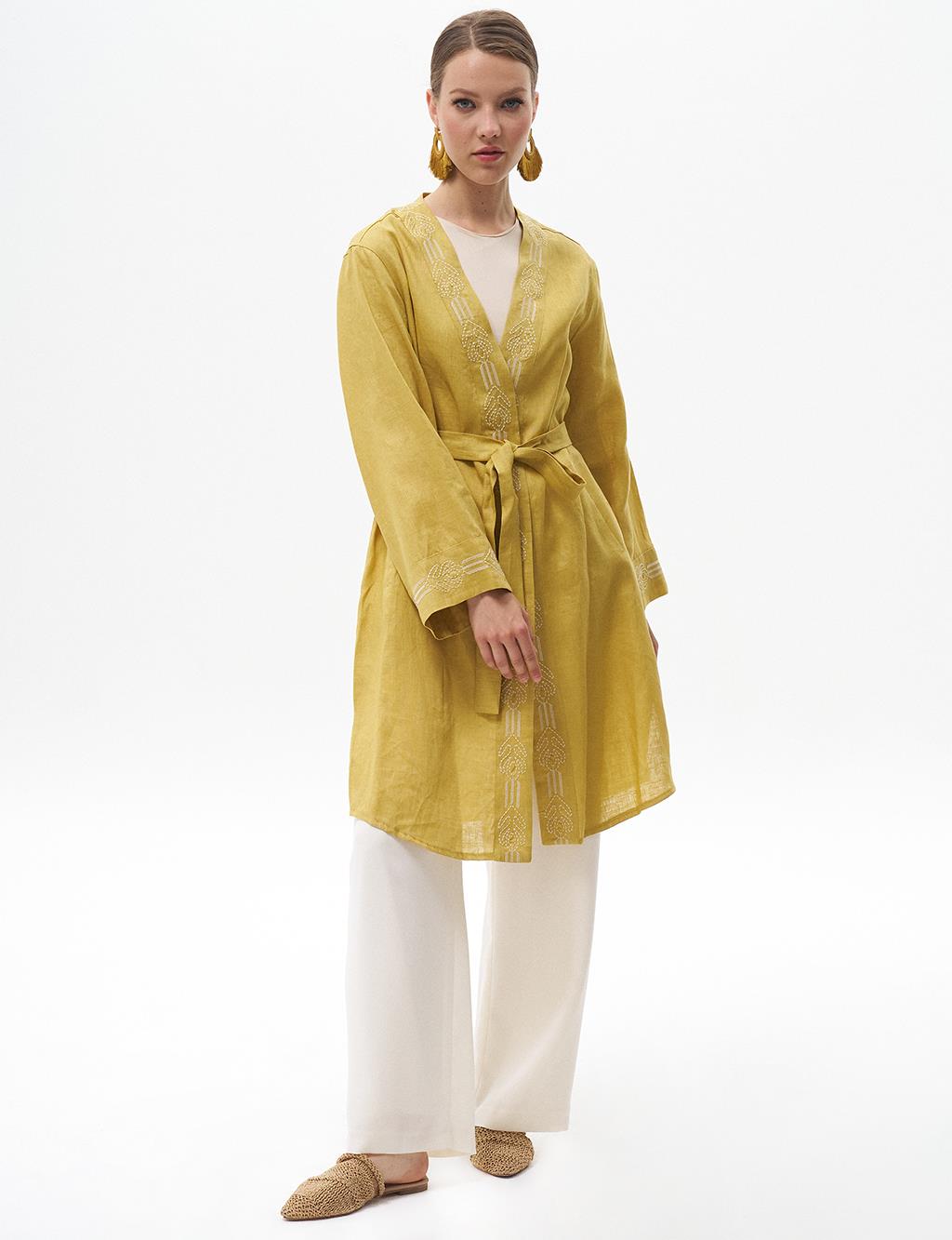 Embroidered Linen Jacket Oliv