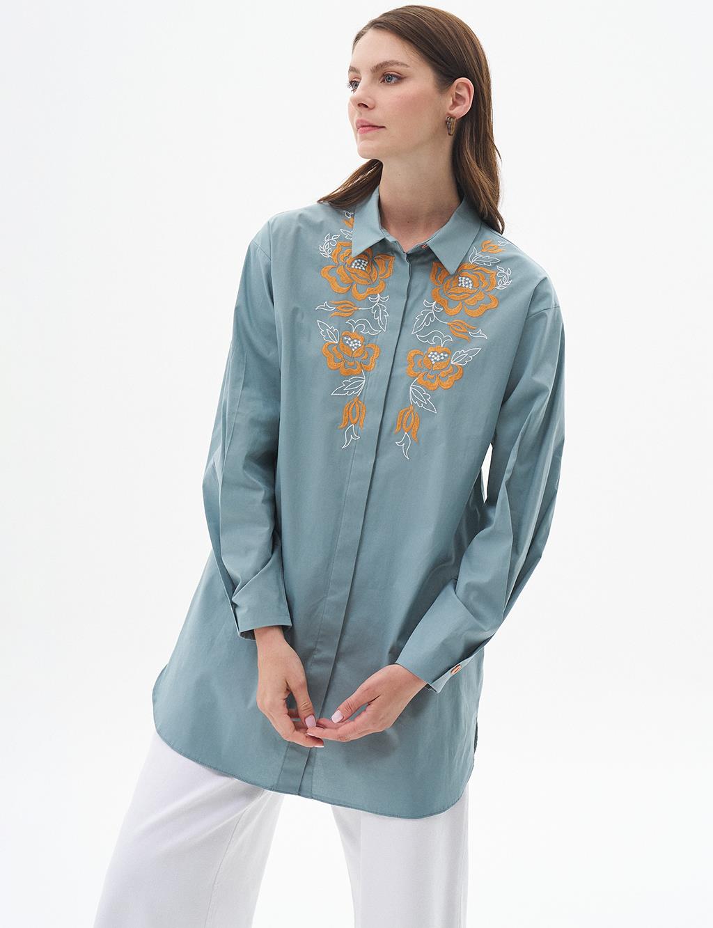 Nakış İşlemeli Poplin Tunik Mint