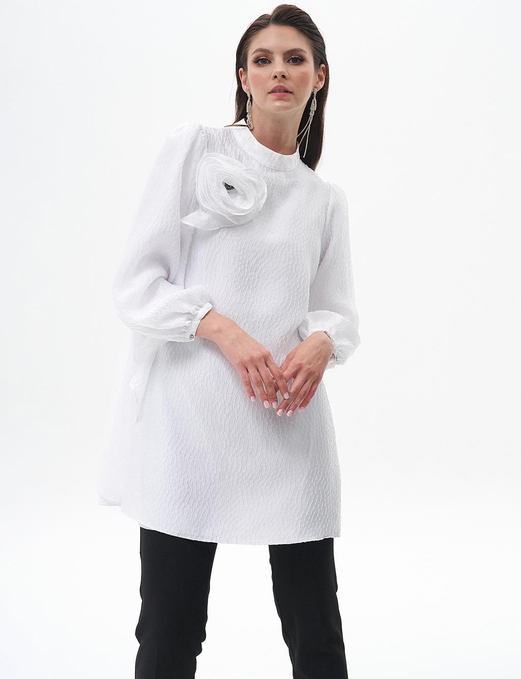 Rose Motif Grand Collar Tunic Optical White