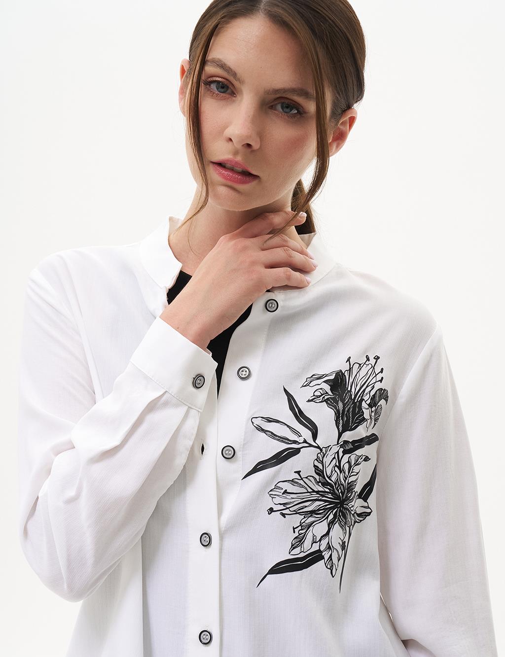 Printed Mandarin Collar Natural Fabric Blouse Optical White