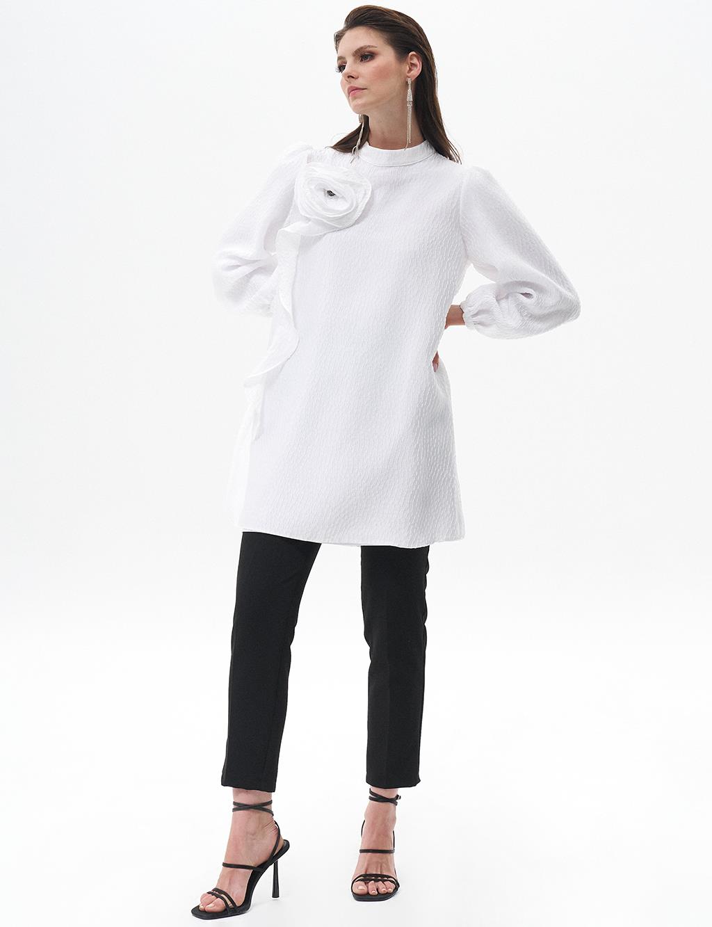 Rose Motif Grand Collar Tunic Optical White