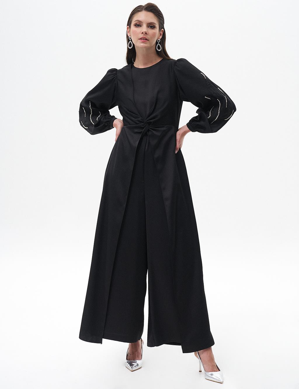 Waist Detailed Embroidered Jumpsuit Black