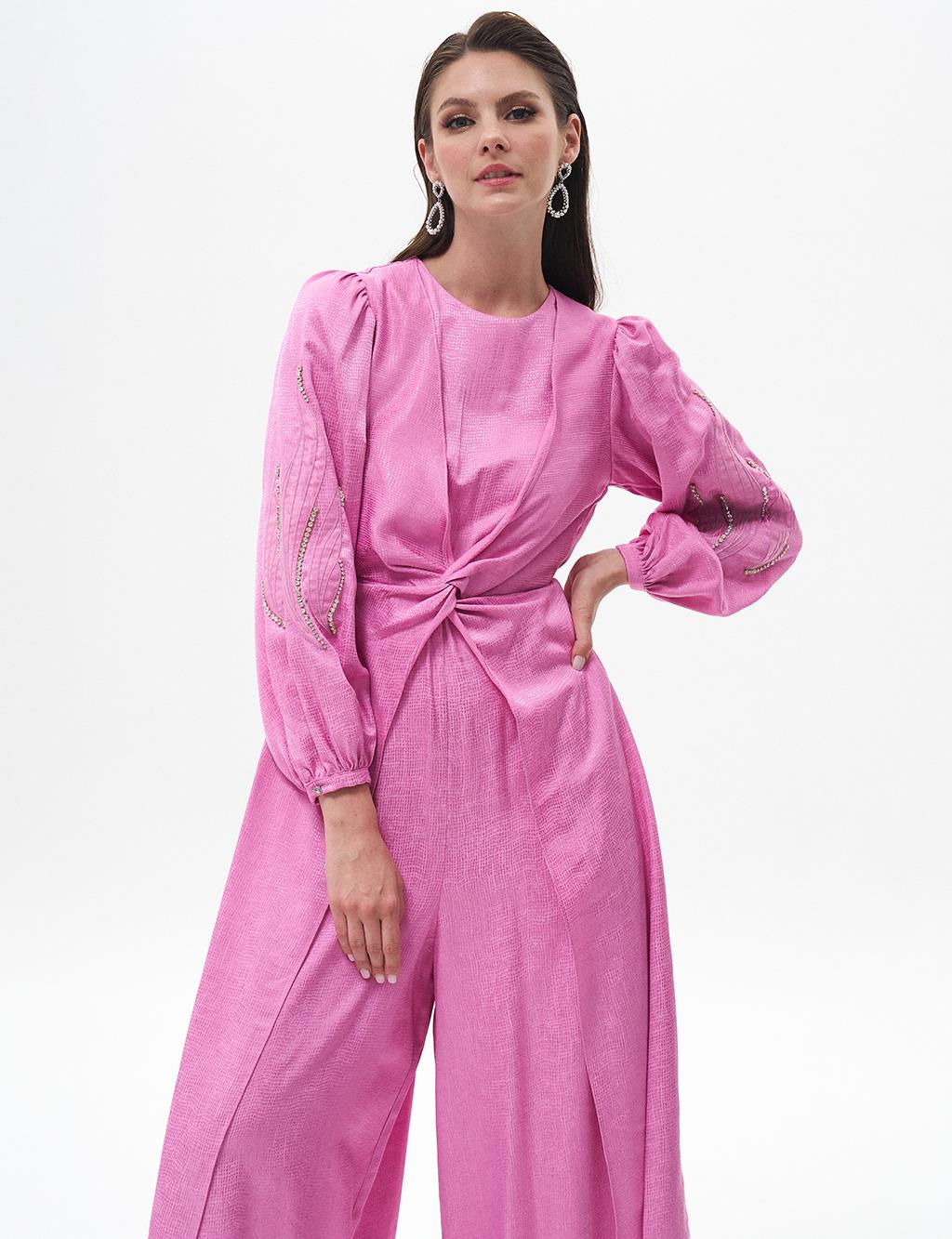 Waist Detailed Embroidered Jumpsuit Candy Pink