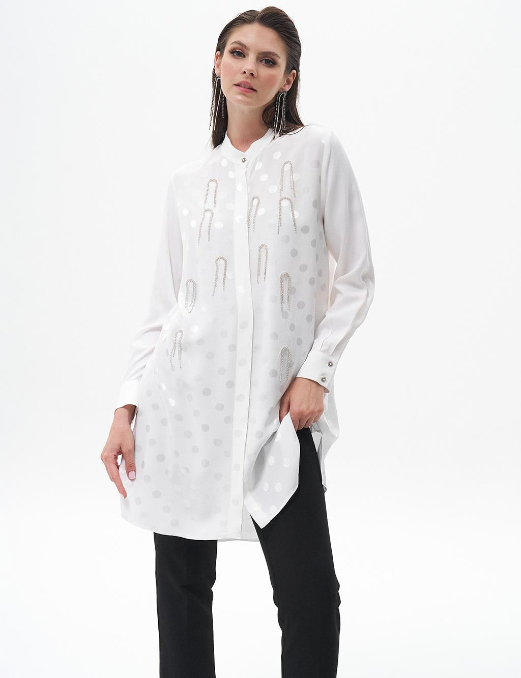 Polka Dot Patterned Chain Magnificent Collar Tunic Optical White