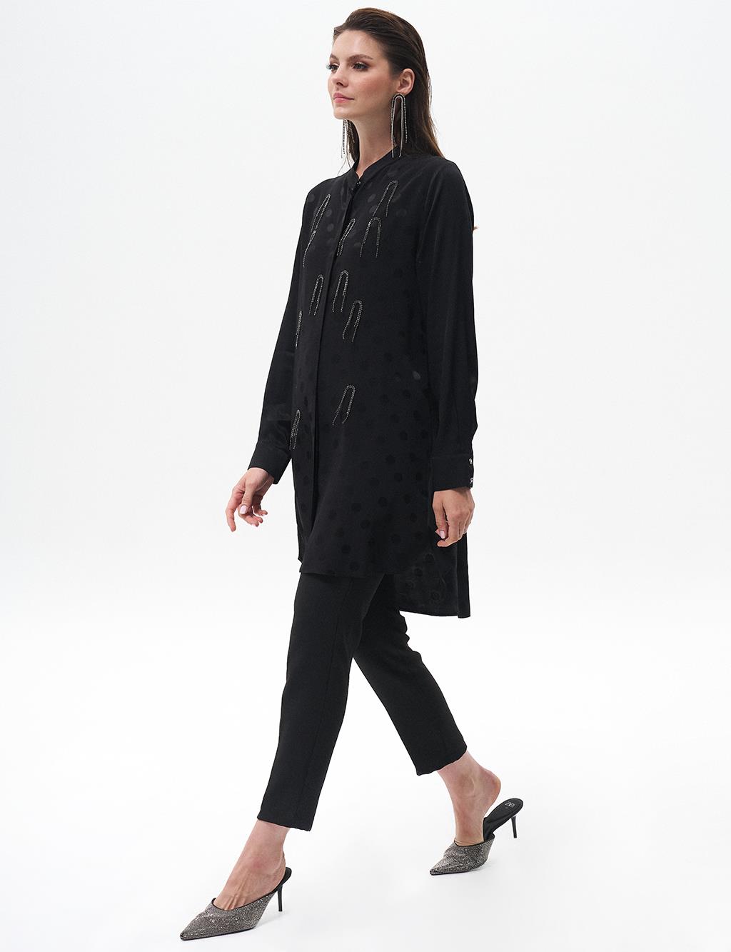 Polka Dot Patterned Chain Magnetic Collar Tunic Black