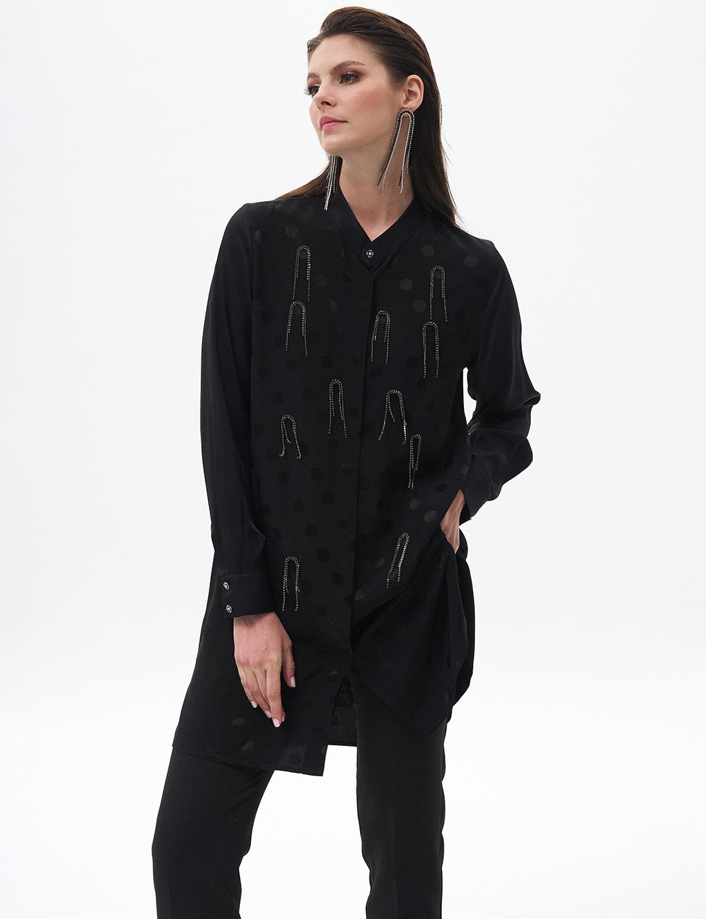 Polka Dot Patterned Chain Magnetic Collar Tunic Black