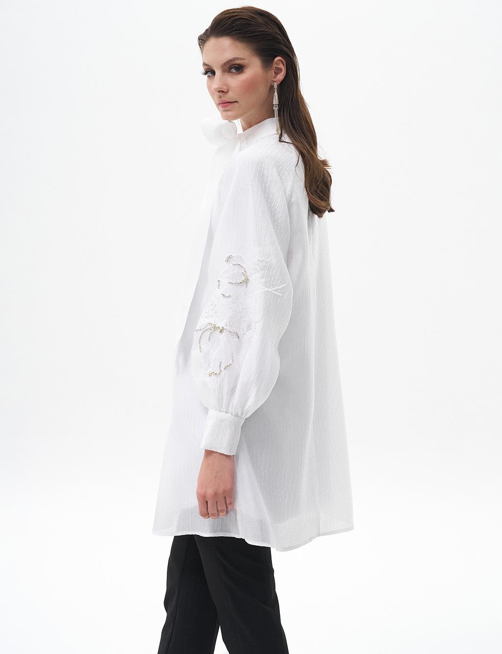 Stone Embroidered Shawl Collar Tunic Optical White