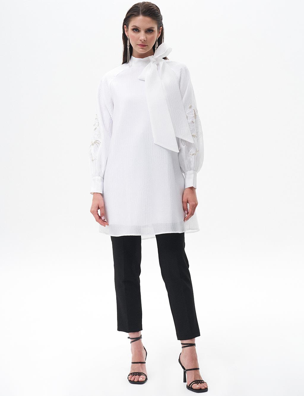 Stone Embroidered Shawl Collar Tunic Optical White