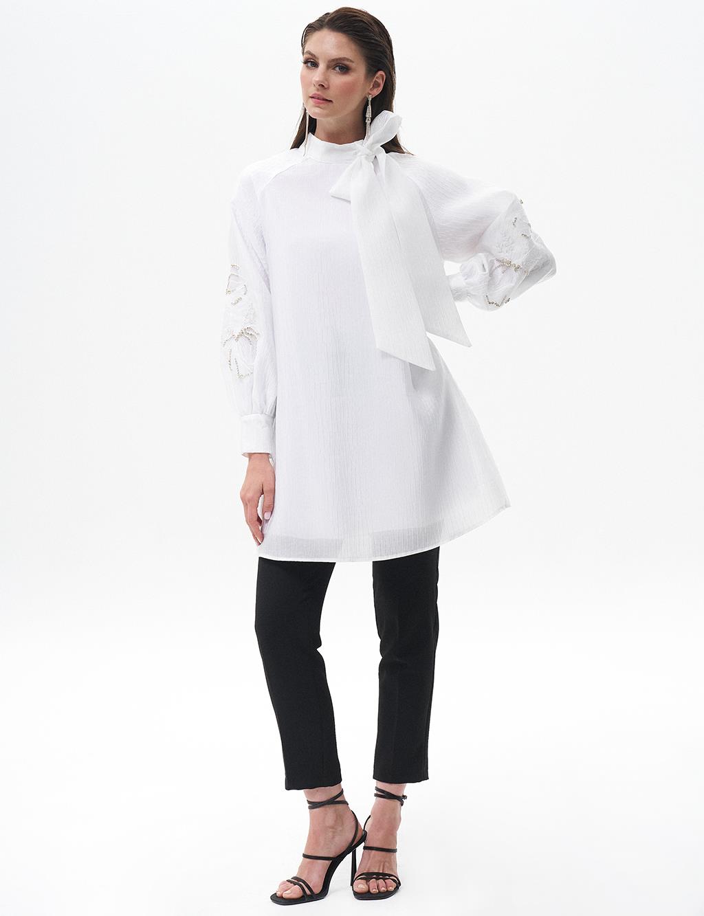 Stone Embroidered Shawl Collar Tunic Optical White