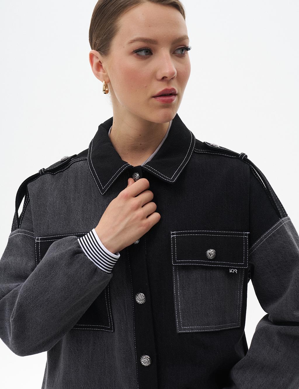 Epaulette Detailed Fabric Mixed Jacket Black