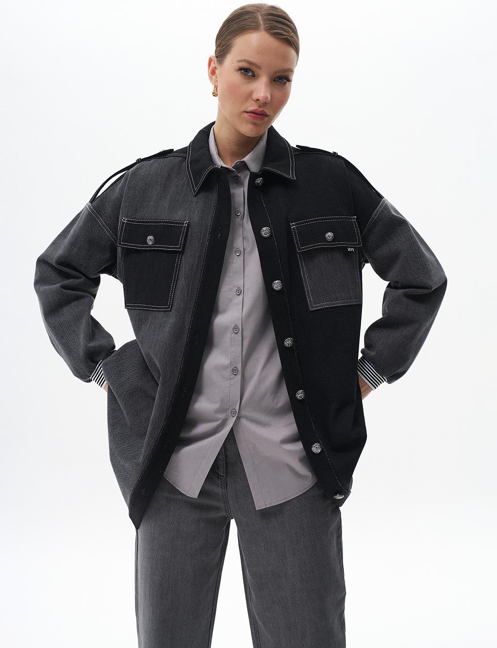 Epaulette Detailed Fabric Mixed Jacket Black