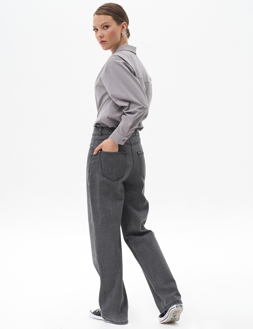 Straight Fit Denim Trousers Gray