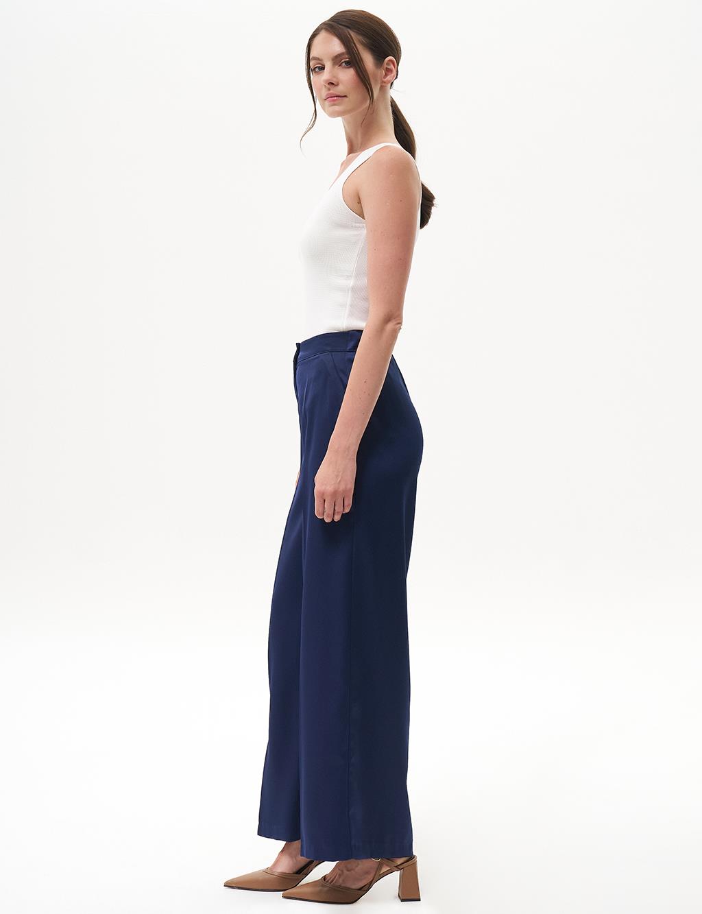 Matte Satin Wide Leg Trousers Navy Blue