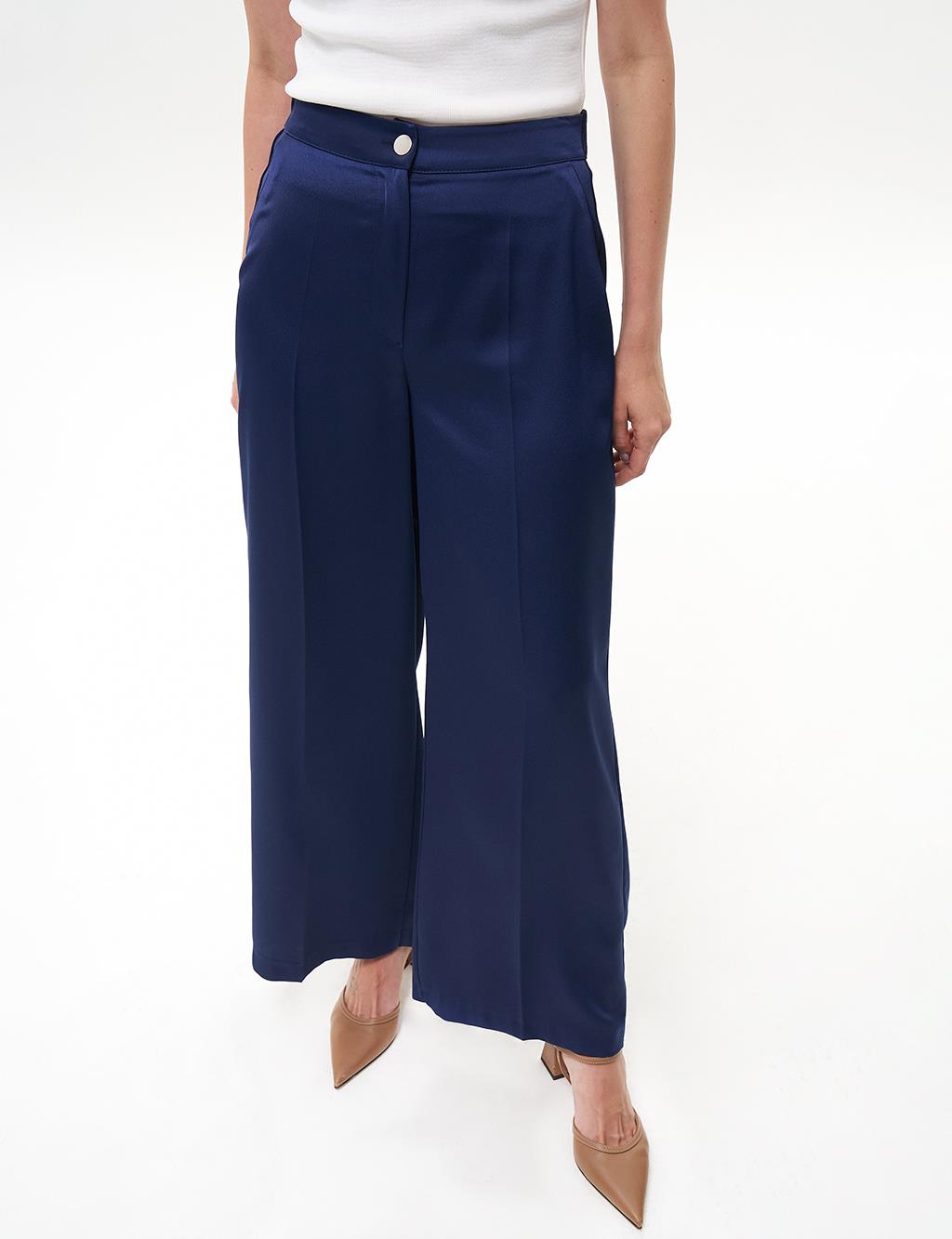 Matte Satin Wide Leg Trousers Navy Blue