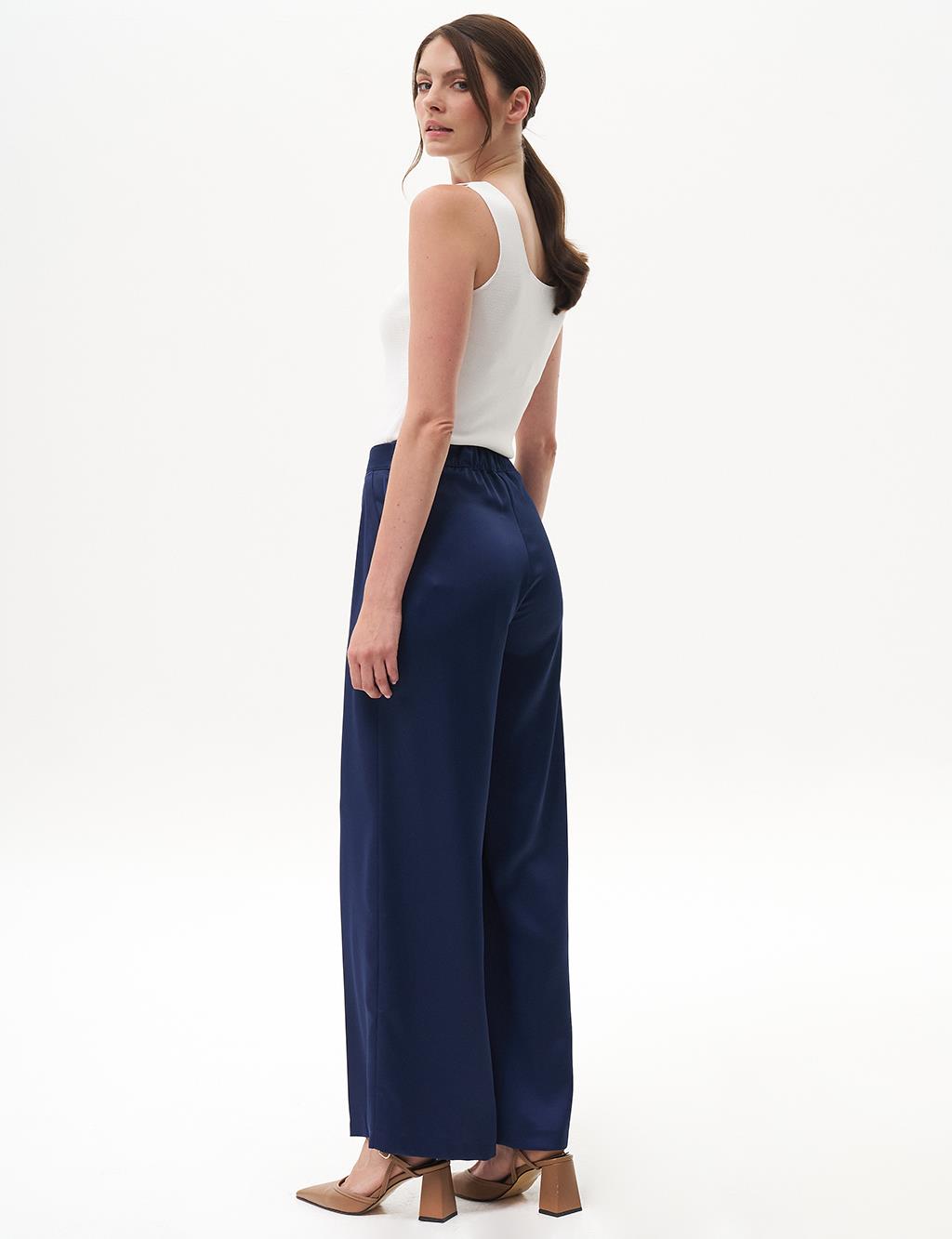 Matte Satin Wide Leg Trousers Navy Blue