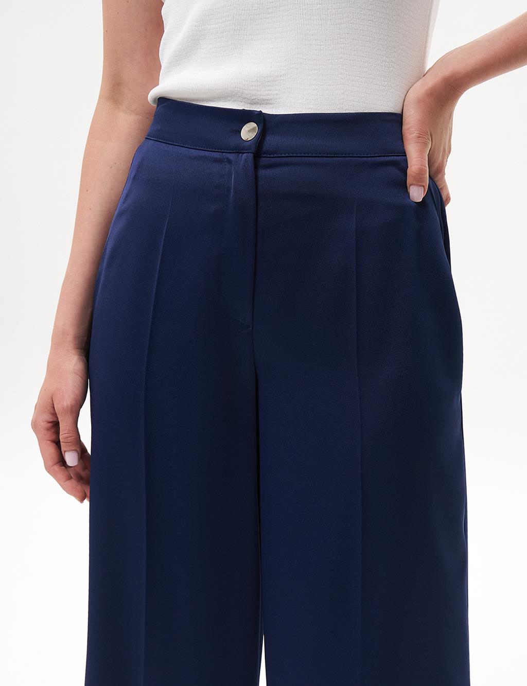 Matte Satin Wide Leg Trousers Navy Blue