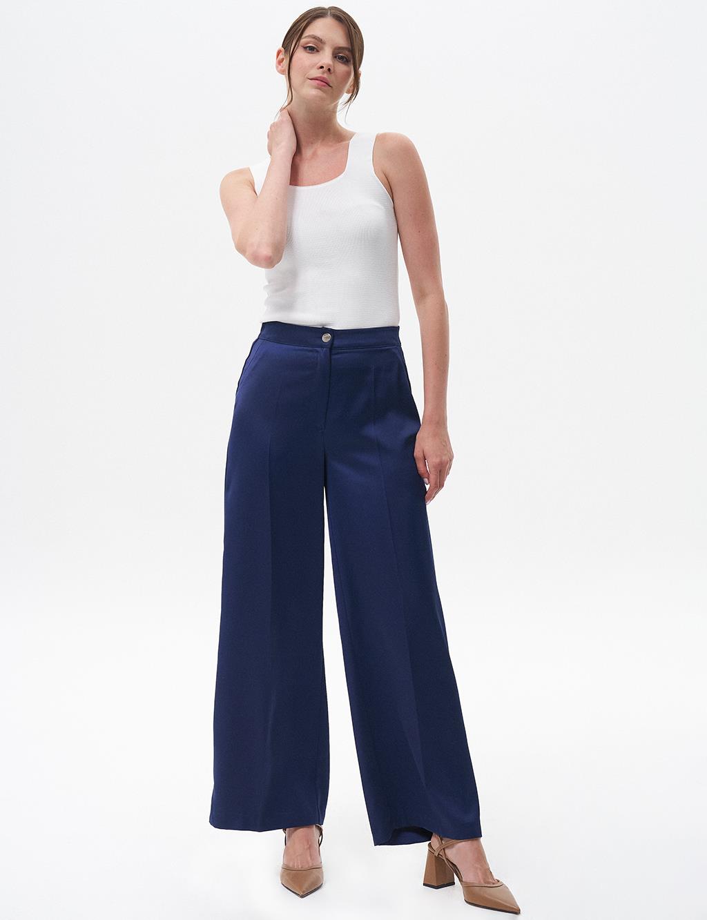 Matte Satin Wide Leg Trousers Navy Blue