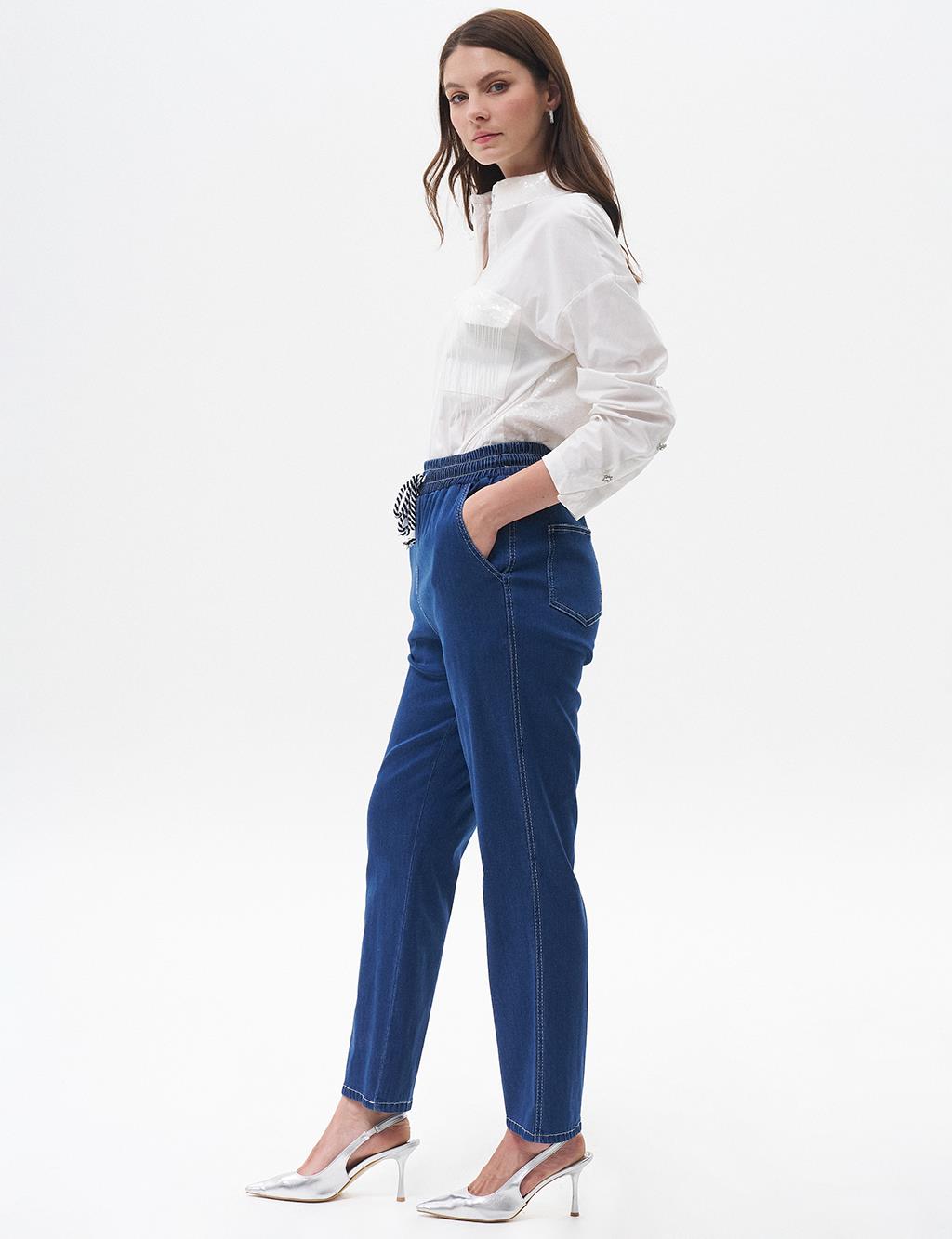 Carrot Cut Lyocell Trousers Navy Blue