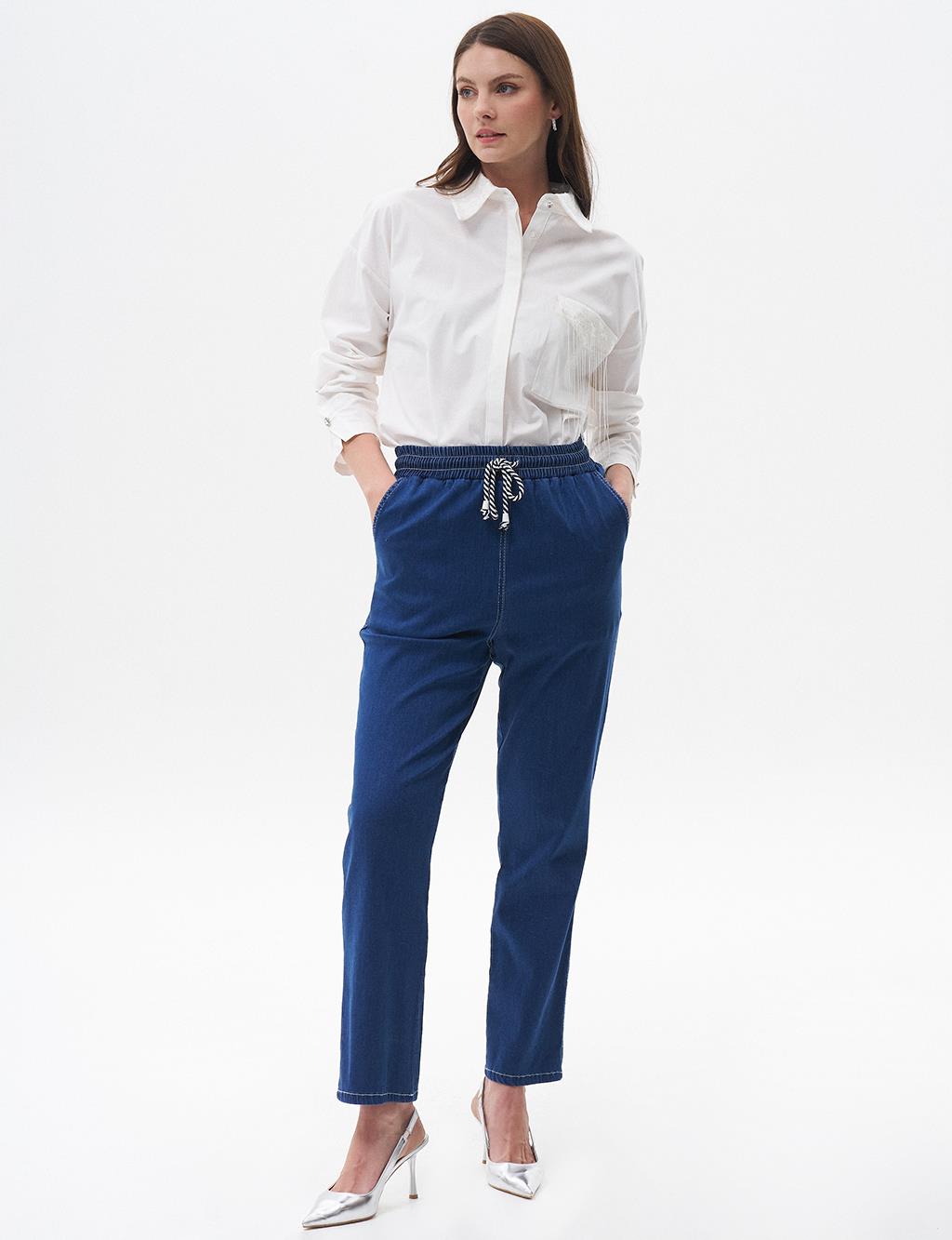 Carrot Cut Lyocell Trousers Navy Blue