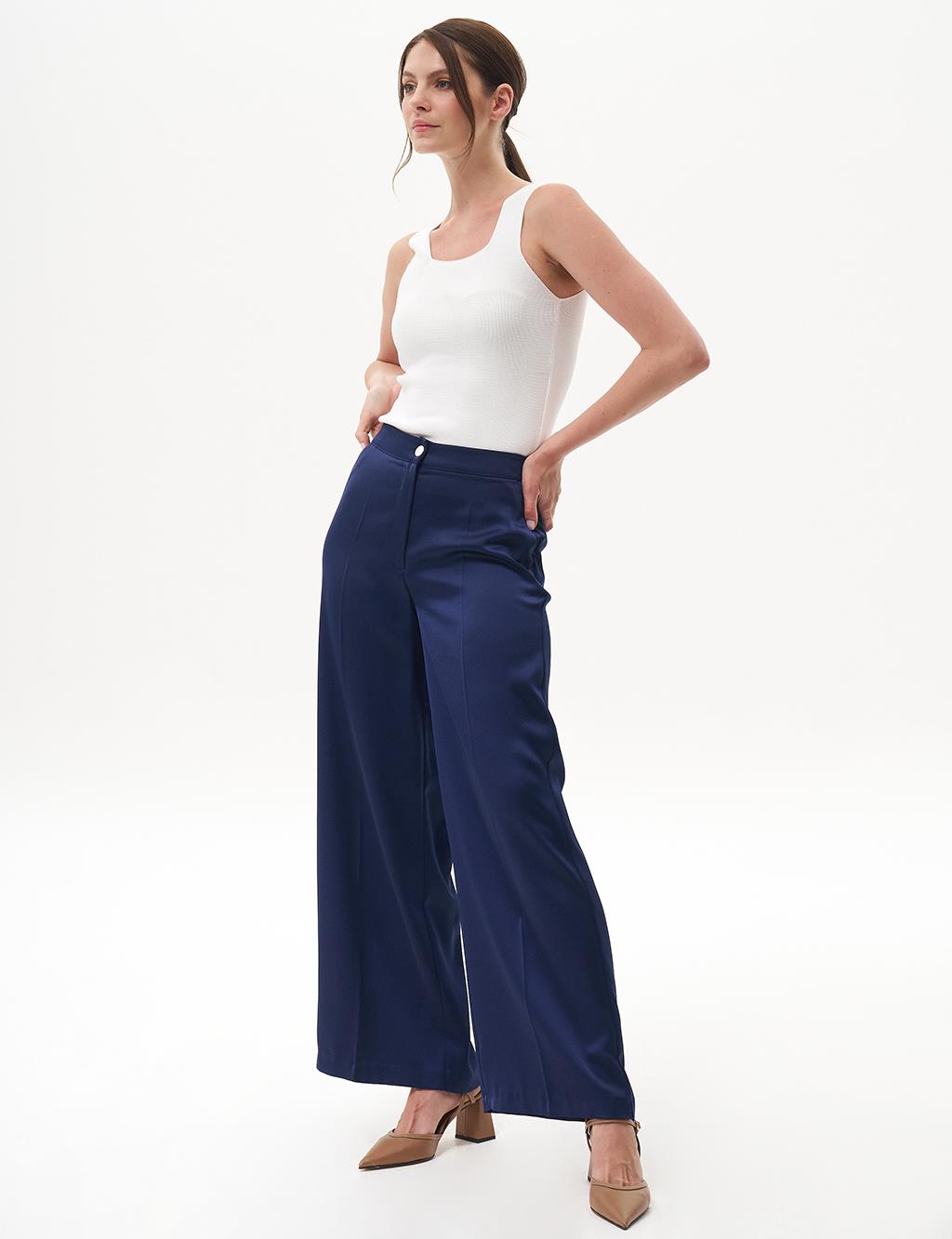 Matte Satin Wide Leg Trousers Navy Blue