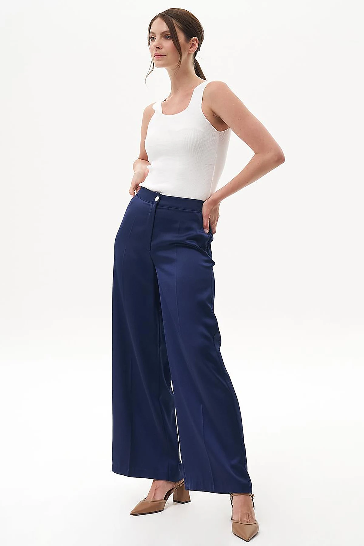 Matte Satin Wide Leg Trousers Navy Blue