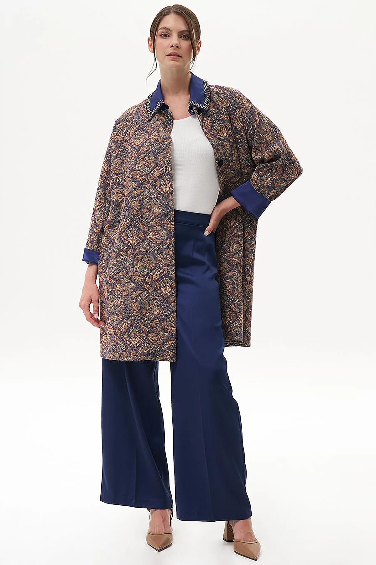 Matte Satin Wide Leg Trousers Navy Blue