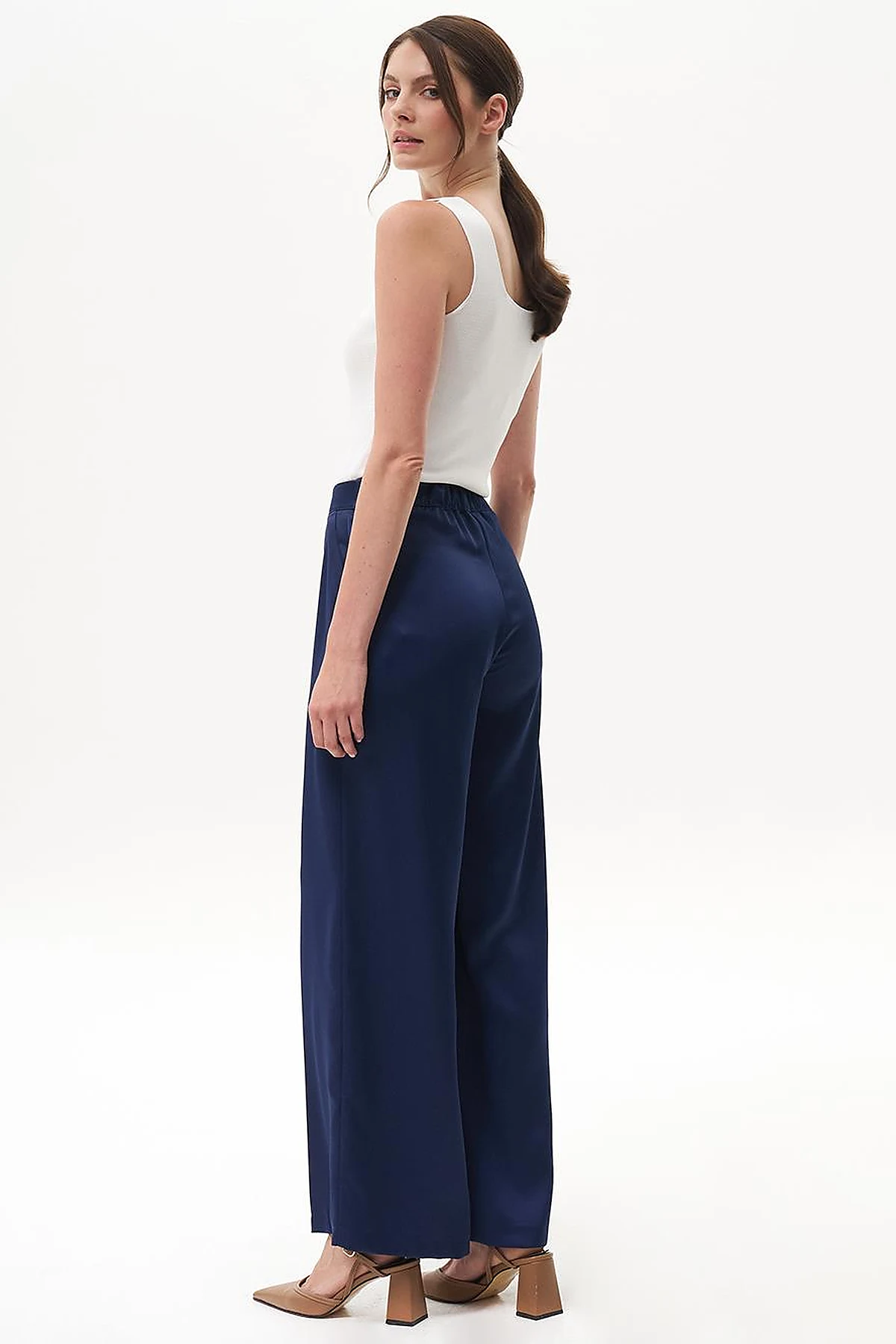 Matte Satin Wide Leg Trousers Navy Blue