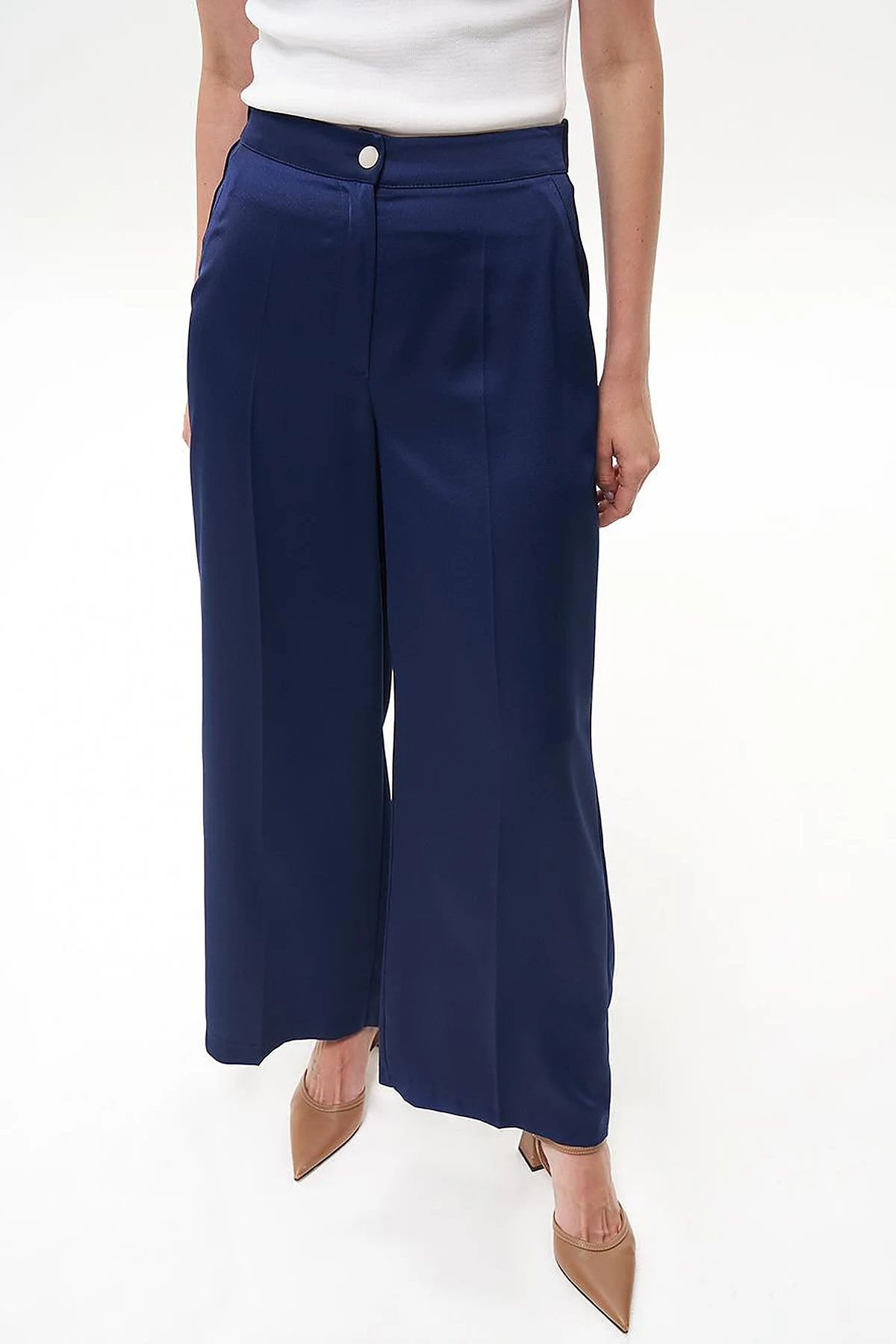 Matte Satin Wide Leg Trousers Navy Blue