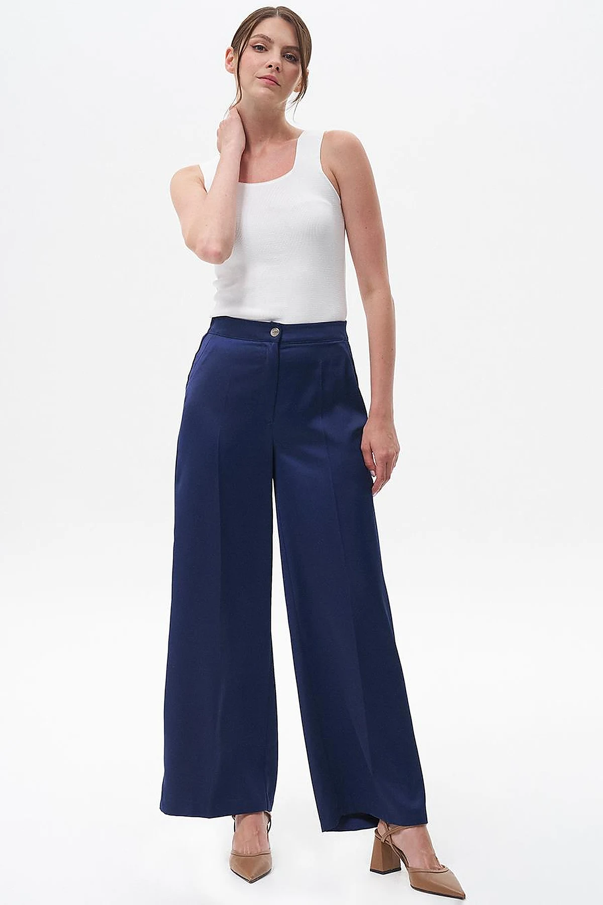 Matte Satin Wide Leg Trousers Navy Blue