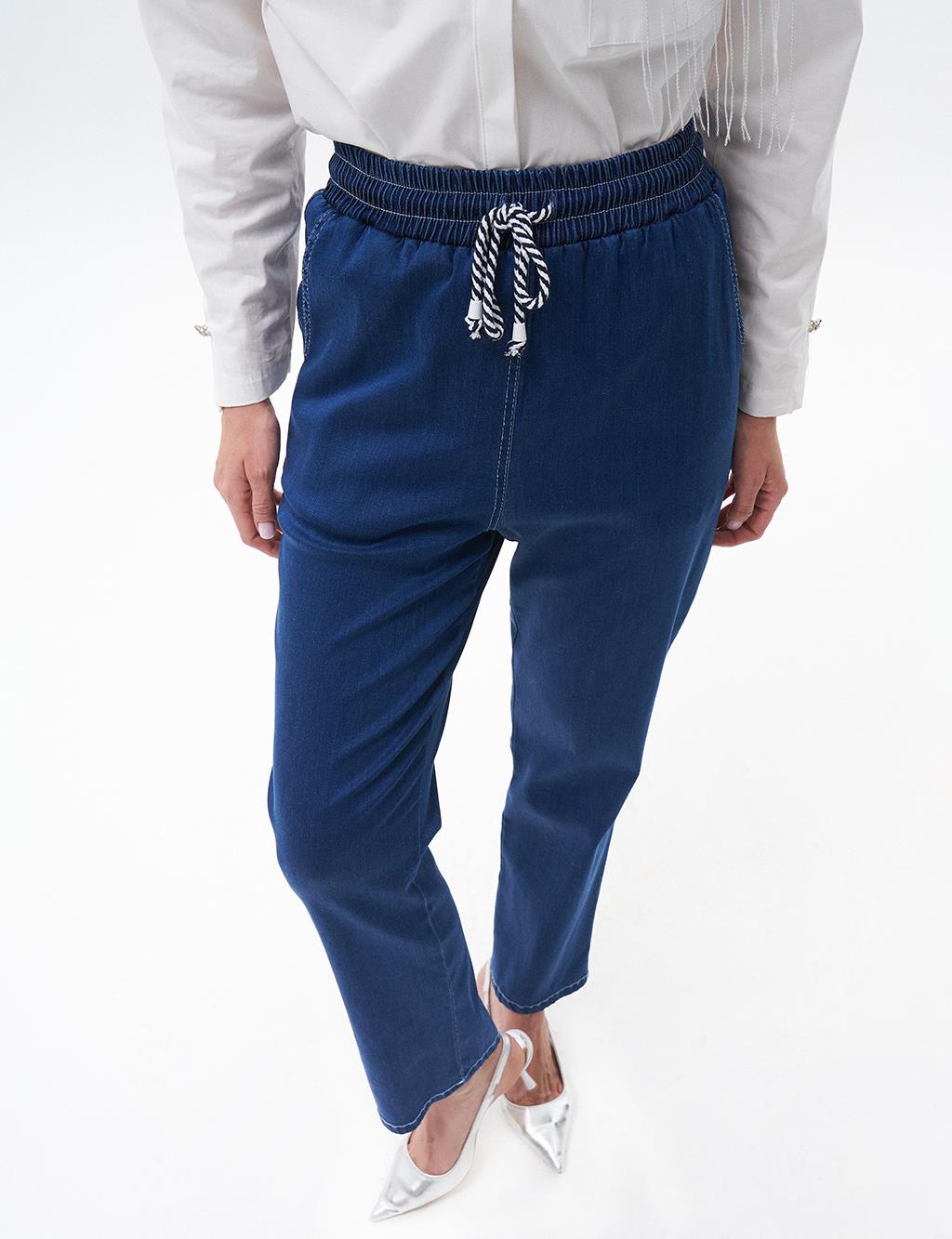 Carrot Cut Lyocell Trousers Navy Blue