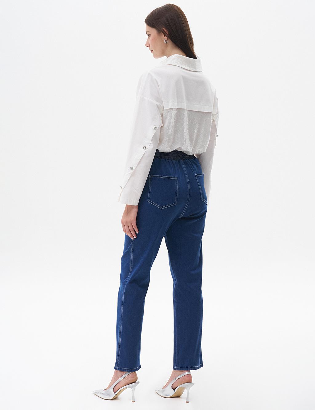 Carrot Cut Lyocell Trousers Navy Blue