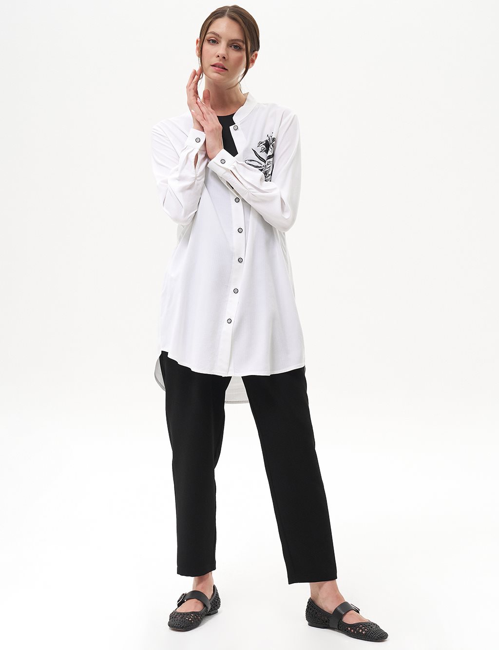 Printed Mandarin Collar Natural Fabric Blouse Optical White