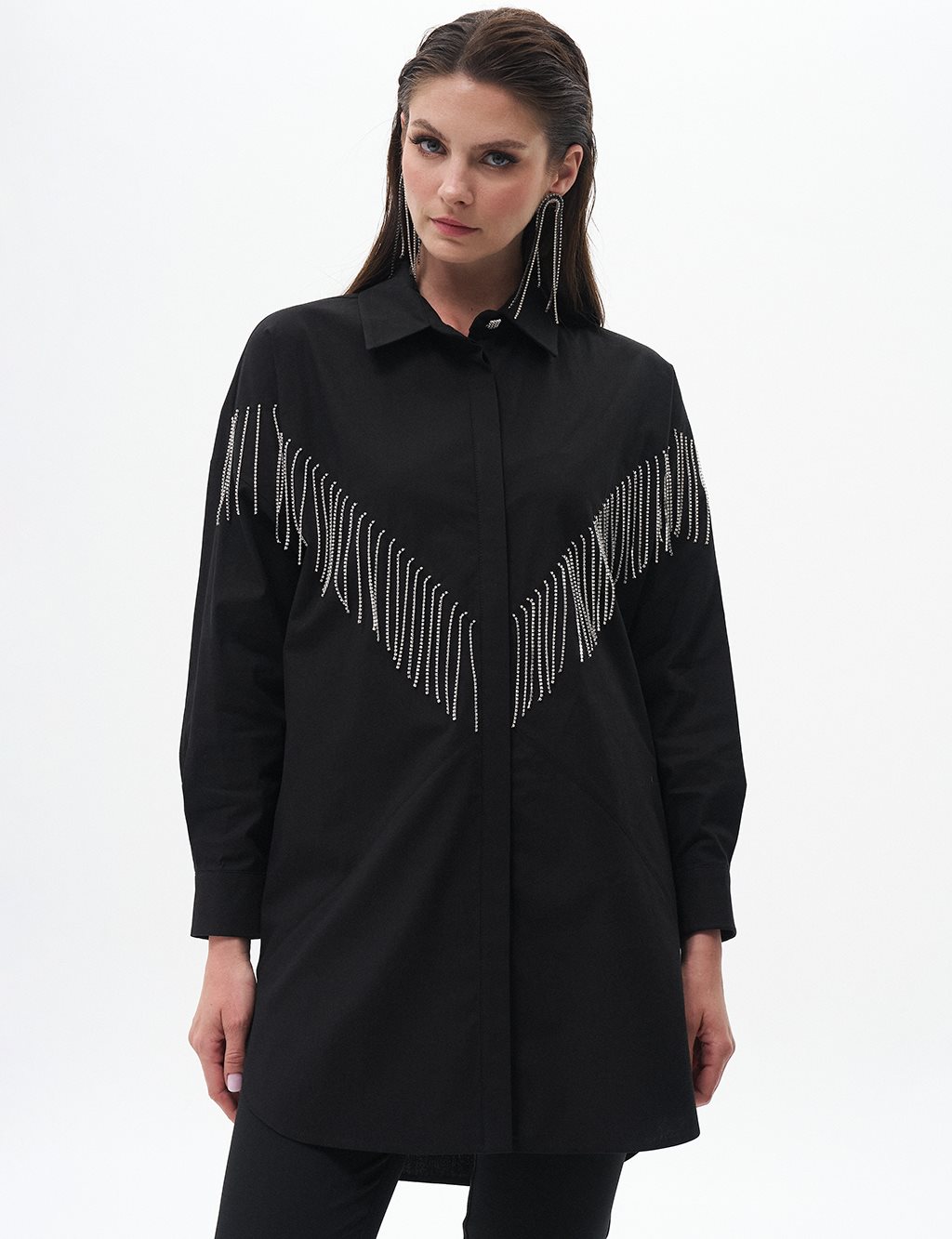 Stone-Embellished Shirt Collar Poplin Tunic Black