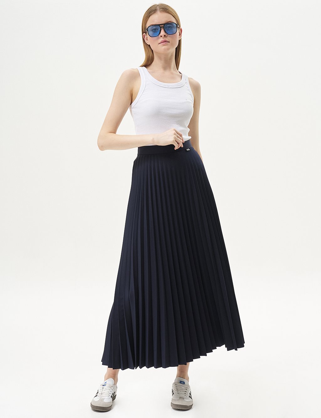 Elastic Waist Pleated Skirt Dark Navy Blue