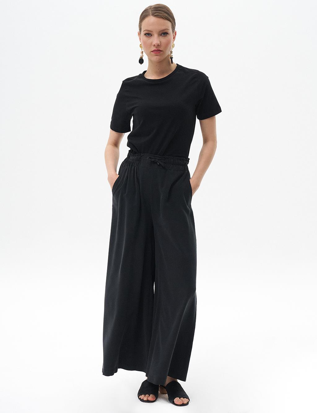 Elastic Waist Wide-Leg Rayon Pants Black