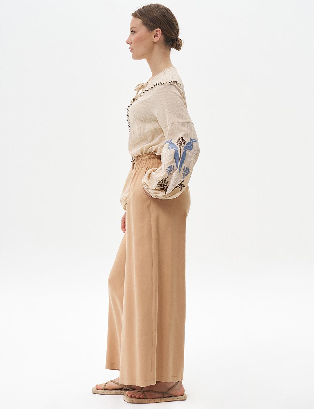 Elasticated Wide Leg Pants Beige