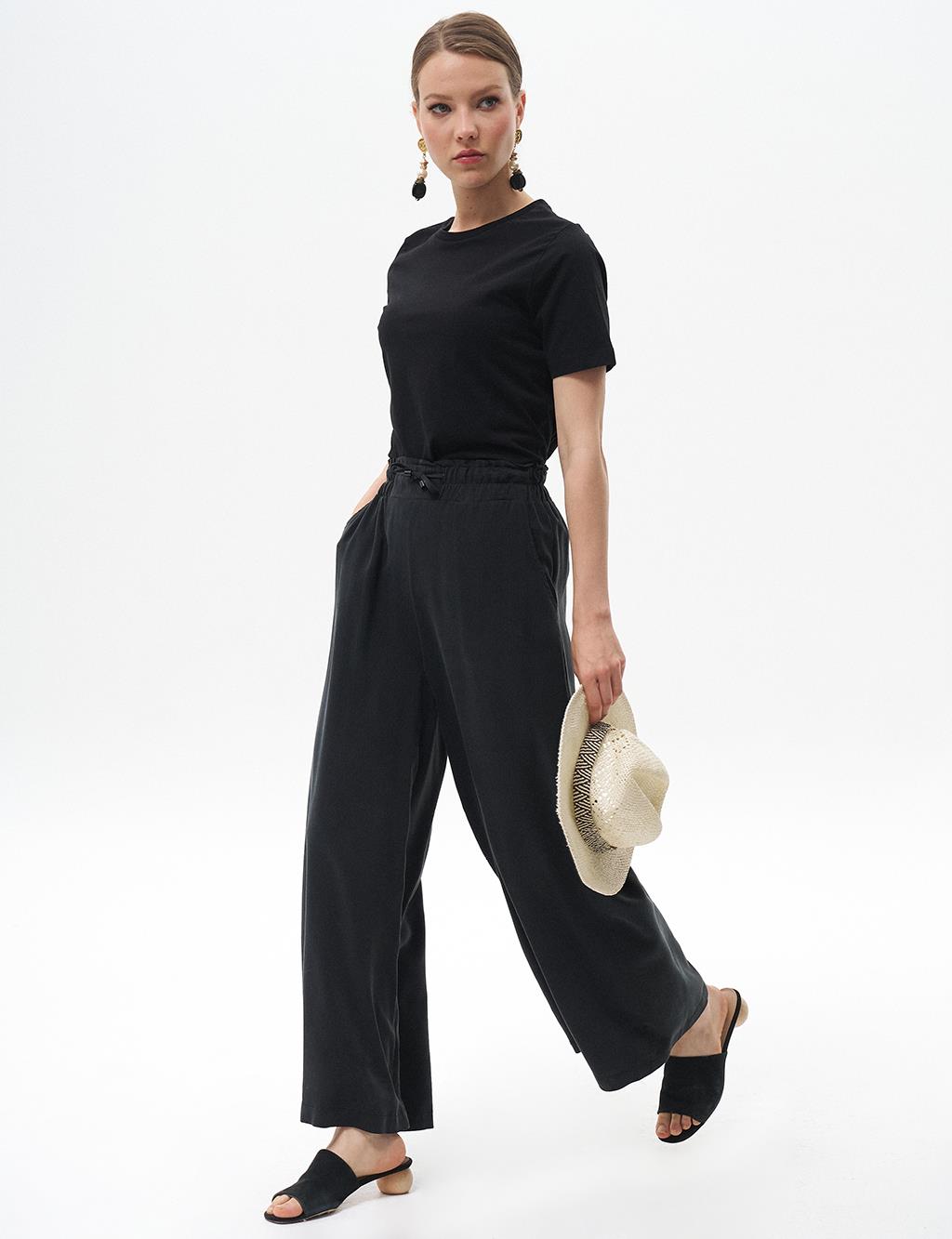 Elastic Waist Wide-Leg Rayon Pants Black