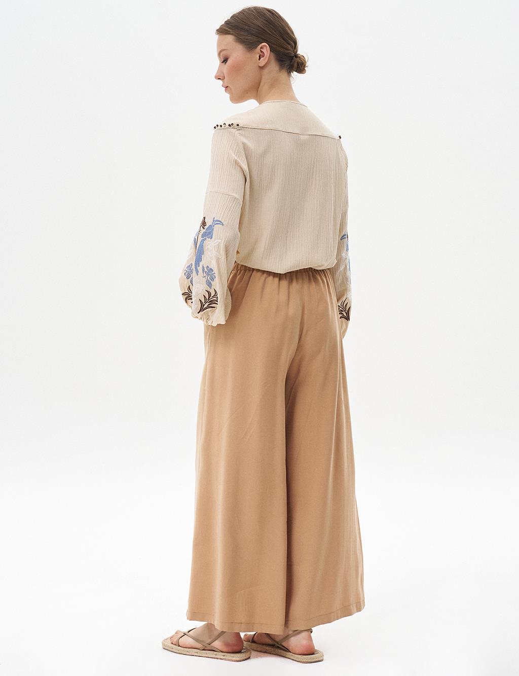 Elasticated Wide Leg Pants Beige